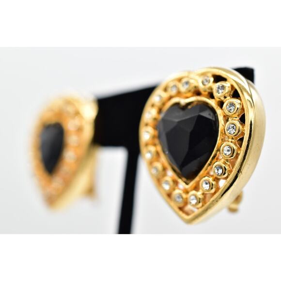 Vintage Crystal Heart Clip On Earrings Black Chunky Gold Heavy NOS 1980s A22 - Picture 2 of 16